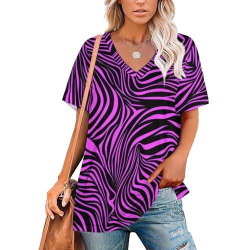 KAOEOSI Bright Pinks Zebra Print Women's Short Sleeve V-Neck Shirts Loose T Shirts Summer Tees Top XL