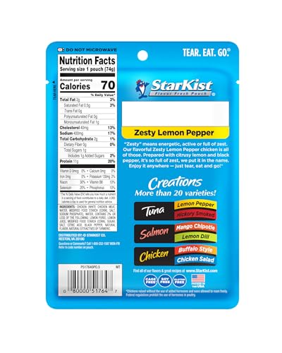 Image of StarKist Chicken Creations Zesty Lemon Pepper, 2.6oz Pouch, 12-Pack | 11g Protein Per Serving, Fully Cooked White Meat, Gluten Free, Soy Free, No Draining, Ready to Eat for Salad and Sandwiches