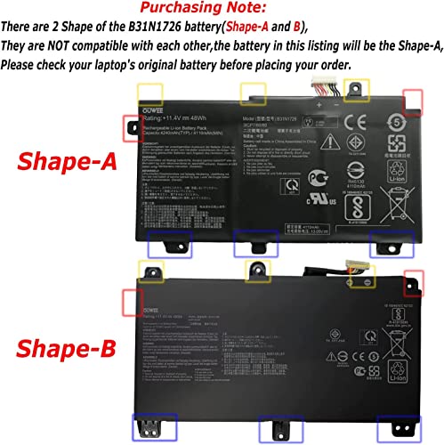 Image of WISTAR B31N1726 Laptop Battery Compatible FOR Asus FX80 FX86 TUF FX504 FX504GE FX504GM FX505 FX505DT FX505DY FX505GE FX505GD FX505GM A15 FA506IU A17 FA706II Serie B31BnEH B31Bn91 A41LK9H 48Wh(Shape-A)