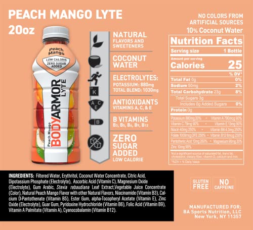 Image of BODYARMOR LYTE, Peach Mango, Electrolyte Drink, 25 Calorie, Coconut Water Sports Drink, Natural Flavor & B Vitamins, 20 Ounce (Pack of 30)