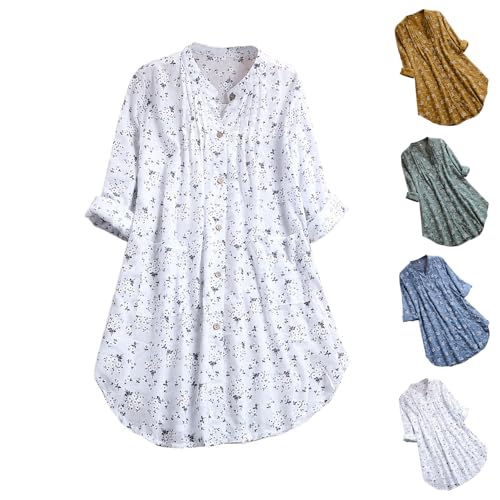 Blusen & Tuniken Für Damen Große Größen, Leinenbluse Damen Langarm Tunika Sommer Lang Leinen Shirt Oversized Oberteile Baumwoll Leinenshirt Musselin Bluse Blumen Longshirt Angebote Kleidung