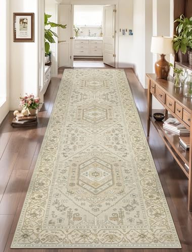 SERISSA Runner Rug for Hallways, 2'6"x10' Washable Non Slip Kitchen Runner Rug, Long Boho Rug Vintage Beige Hallway Stair Ultra Soft Print Floor Carpet for Bedroom Bathroom Laundry Room