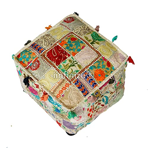 Iinfinize IIN-POUF-021 Vintage Table Corner Patchwork Pouf Square Cotton Pouf Cover Ottoman Bean Bag Embroidery Footstool Decorative Floor Pouffe cover