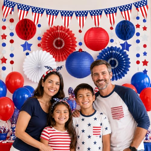 Image of 16PCS 4th of July Patriotic Decorations Set - Red White Blue Party Supplies with Paper Fans, Balloons, USA Flag Pennant - Memorial Day, Veterans Day, Election & Independence Day Party Decor