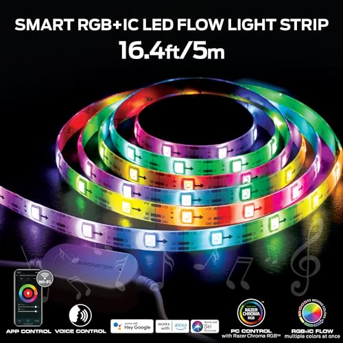 Image of Monster 16.4ft Smart Music Sync and Multi-Color Color Flow LED Light Strip with Fun Modes, Indoor Use, Xtreme Easy Use