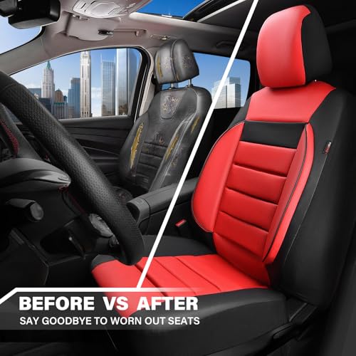 Image of CAR PASS Leather Car Seat Covers Front Seats Only, Universal Fit Automotive Interior Waterproof 3D Foam Back Support Car Seat Covers for Trucks Vans and SUVs Airbag Compatible 2 Pieces （Black Red