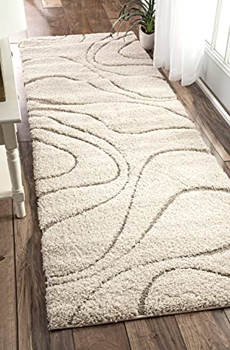 Image of (Pack of 2 Transitional Flames Shaggy Carpet for Living Room, Bedroom, High Low Design Finish Microfiber 2 in Pile High, 1.6x5 Feet Runner Ivory|Beige Color