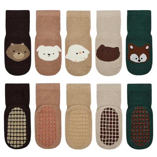 Vicloon Calcetines de Bebé,5 Pares Calcetines Antideslizantes de Algodón para Bebé,calcetines de dibujos animados con agarre para Bebés, Niños y Niñas(0-12 Meses)