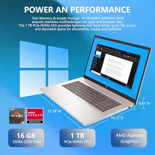 HP 17 Laptop, 17.3" FHD, 16GB RAM, 512GB SSD, AMD Ryzen 5 miniatura 6