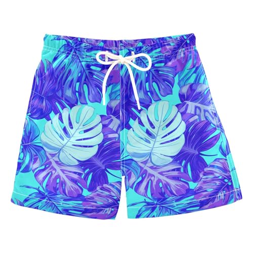 DOMIKING Monstera Leaf Plant Teal Toddler Boys' Swim Trunks Mesh Lining Swim Shorts for Kid Boy Toddler Adjustable Waist