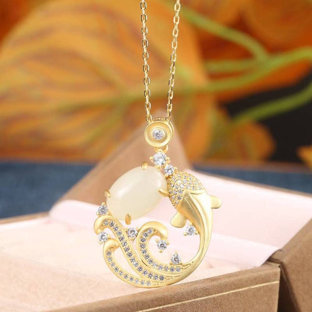 Collana con ciondolo in giada bianca naturale con nefrite, carpa, piccoli pesci, catena con clavicola per donna, giada,