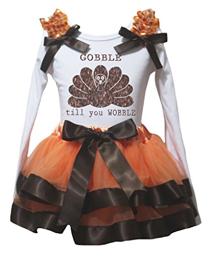 Camiseta Gobble till you Wobble manga larga blanca y falda de pétalos naranja infantil