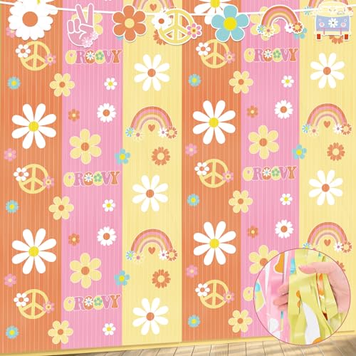WovWeave 2 Packs Hippie Boho Foil Fringe Curtain 3.3 x 6.6 ft Two Groovy Fringe Backdrop Colorful Retro Daisy Tinsel Streamers for Boho Hippie Groovy Retro Themed Birthday Party Decoration