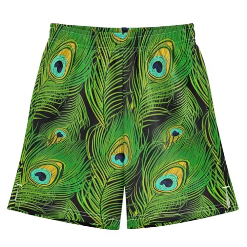CHIFIGNO Peacock Feathers Green Thick Pull-On Summer Boys Shorts, Knee-Length Teen Boys Vacation Outfits XS