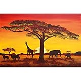 GREAT ART® Poster – African Sunset – Tier Silhouetten in Afrika Sonnenuntergang Natur Steppe Landschaft Savanne Motiv Tiere im Abendrot Dekoration Wandbild Din A2 (42 x 59,4 cm)