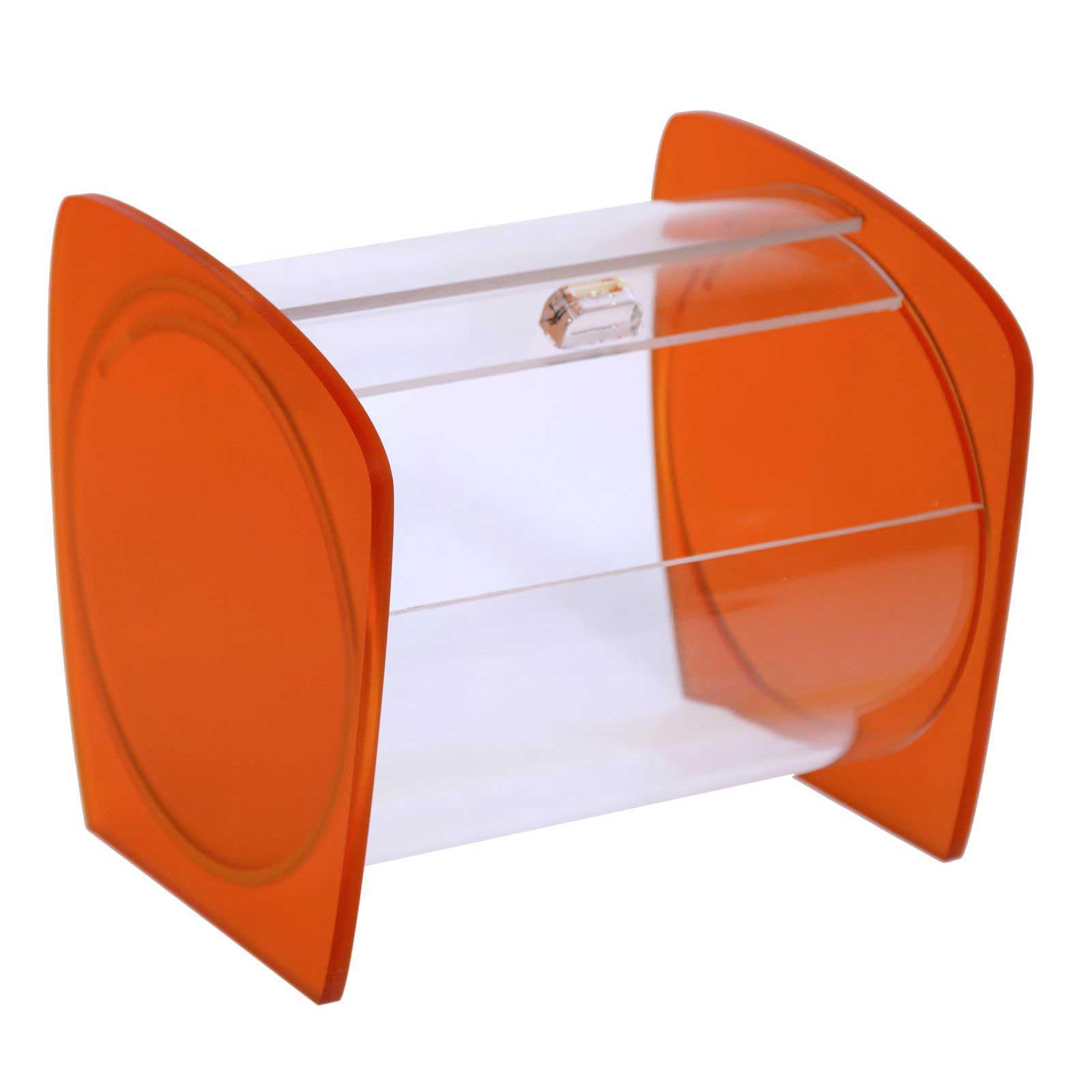 Portacaramelle confezionate sezione circolare in plexiglass trasparente e con pannelli laterali in plexiglass satinato Arancione - Misure totali: L 15 x P 14 x H 14 cm