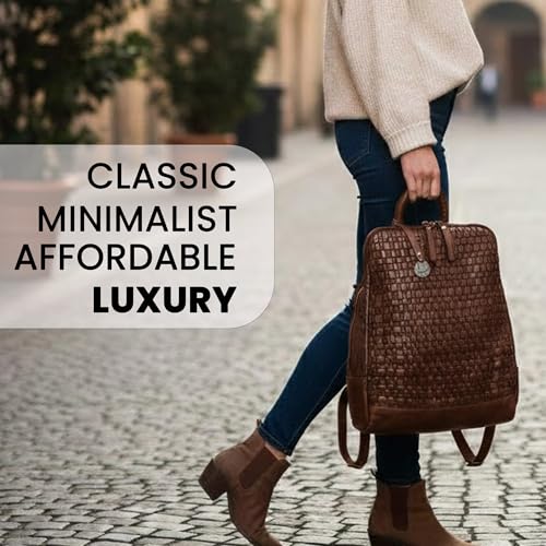 Image of 12.5 Inch Genuine Leather Backpack for Women and Men, Brown Leather Backpack with Adjustable Shoulder Strap