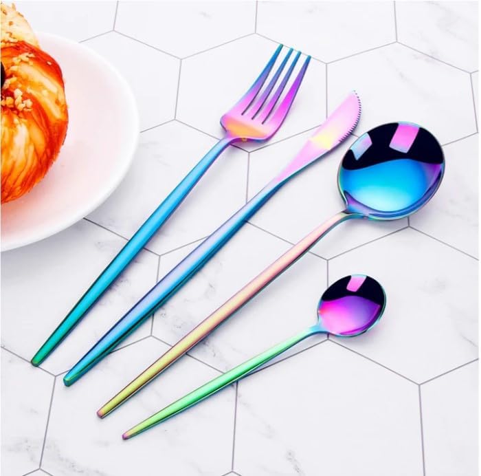 Image of 24-Piece Flatware Set, Stainless Steel Knife Fork Spoon, Home Dinnerware Tableware Set for 6,Stainless Steel Cutlery Set for Home, Kitchen, Restaurant, Utensils (Rainbow)