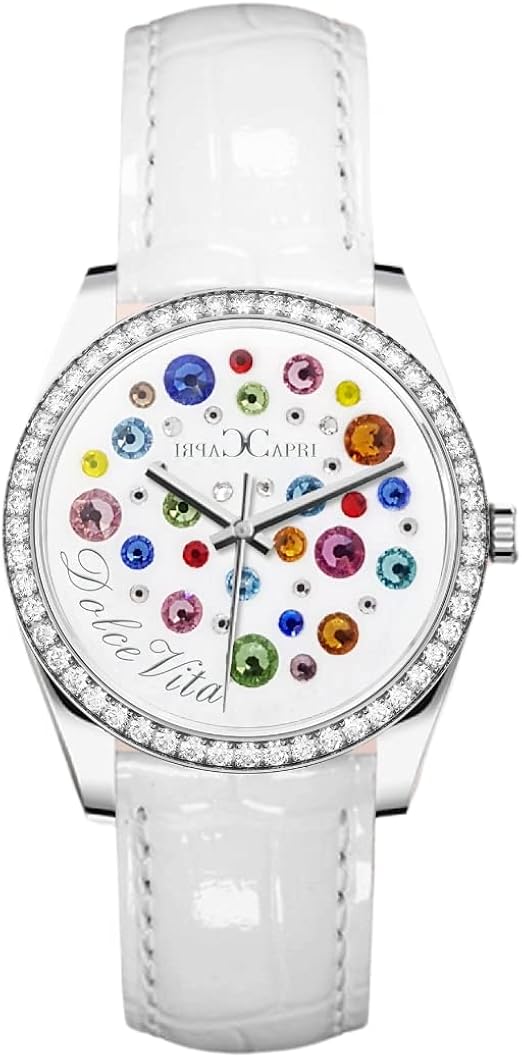 Capri Capri Orologio da donna Collezione Dolce Vita Cassa 37mm Subacqueo  100mt Quadrante Bianco Pietre Swarovski Cinturino Pelle Bianca (Cinturino  Pelle Bianca, Lunetta Swarovski Acciaio) : Amazon.it: Orologi