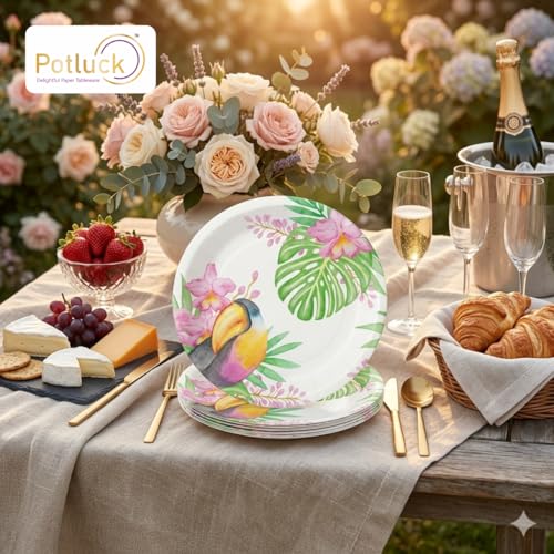Image of Potluck Tropical Toucan Disposable Paper Plates, 9 Inch Food Grade Tableware for Parties, Events, Snacks & Meal Serving Pack