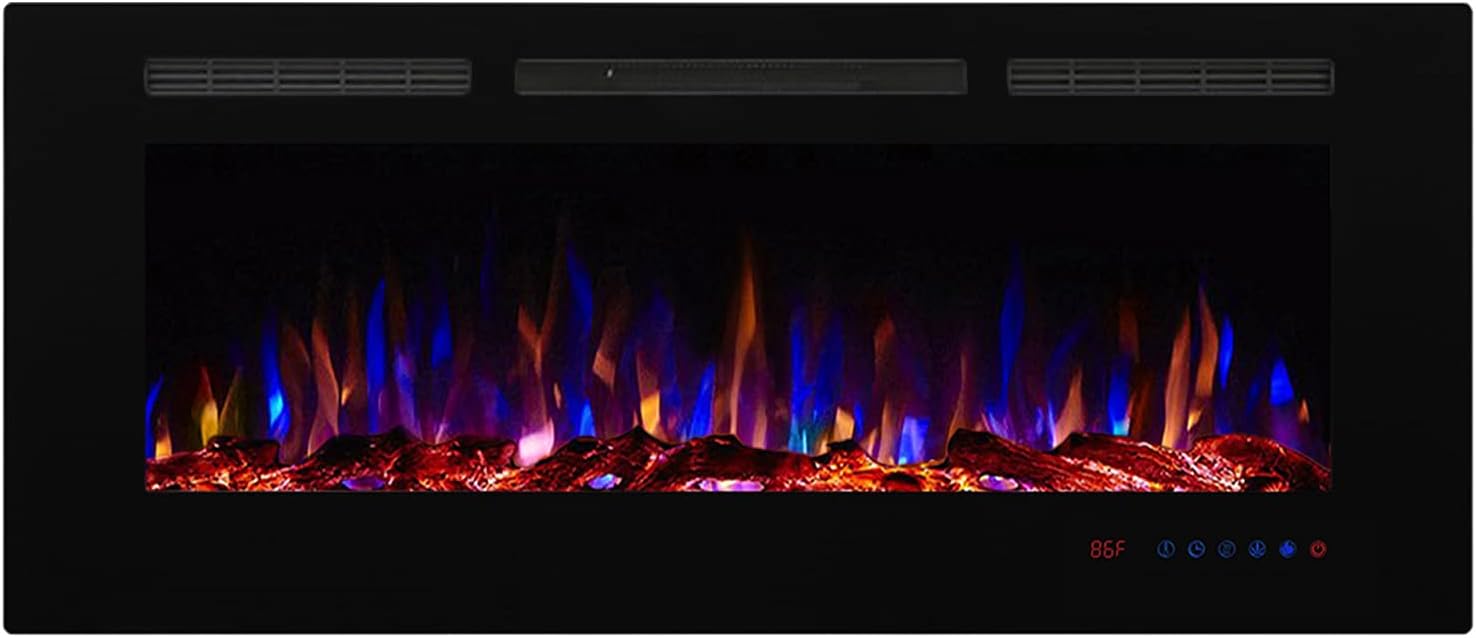 Valuxhome Electric Fireplace, 50 Inches Fireplace, Recessed Fireplaces for Living Room Electric with Remote, Overheating Protection, Logset and Crystal, Touch Screen, 1500W/750W, Black