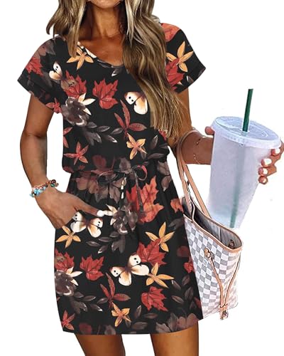 Image of AUSELILY Womens Summer Mini Dress, Short Sleeve V Neck Drawstring Casual | Soft smooth drape with an adjustable drawstring waist for beach, casual outings and daily wear