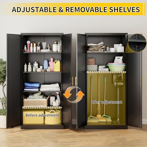 Image of Metal Kitchen Pantry Cabinet, 71 inchH x 28 inchW x 14 inchD Cabinet with 2 Doors and 4 Adjustable Shelves, Kitchen Pantry Storage Cabinet, Metal Pantry Cabinet for Kitchen, Dining Room, Living Room-Black