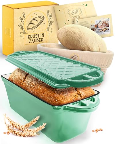 KRUSTENZAUBER Emaille Brotbackfrom mit Deckel inkl. Gärkorb - Robuste 28cm Backform aus Gusseisen - Ideal als Kastenform, Toastbrot Backform, Brotform, Gusseisen Topf Brot backen Zubehör, Brottopf
