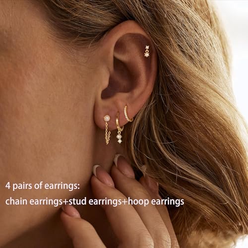 Image of Gold Earrings for Women, 14k Gold Plated Dangle Huggie Earrings for Women Trendy Dainty Gold Hoop Earring Stacks Hypoallergenic Pearl Chain Drop Cartilage Earring Fashion Womens Jewelry