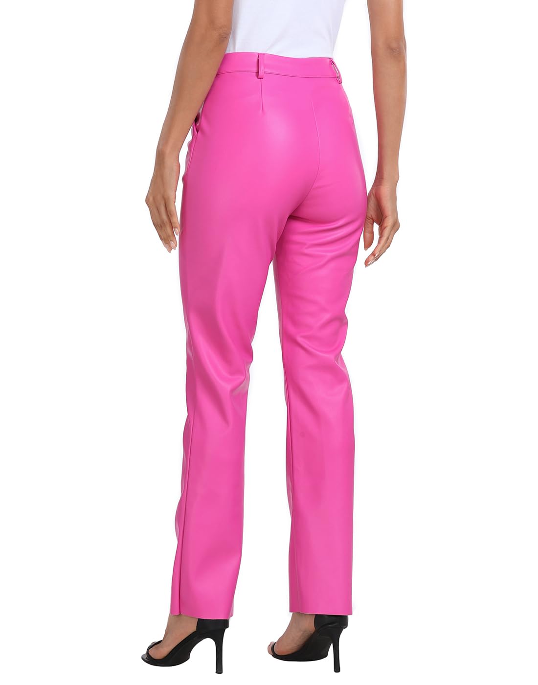 HDE Damenhose aus Kunstleder, hohe Taille, gerades Bein, Hose mit Taschen