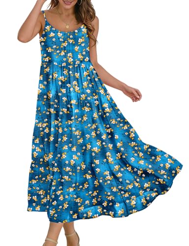 Image of YESNO Summer Bohemian Floral Dresses for Women Spaghetti Straps Maxi Dress Casual Flowy Dresses with Pockets ES0