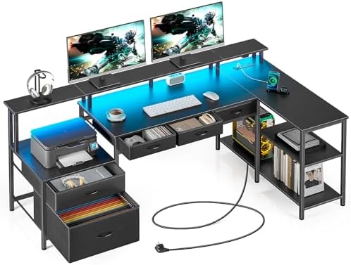 Seventable L Shaped Computer Desk with USB Ports, Power Outlets, ...
