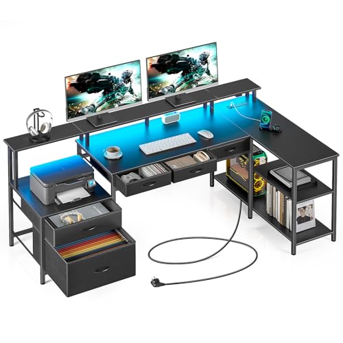 Seventable L Shaped Computer Desk with USB Ports, Power Outlets, LED Strip, Drawers & File Cabinet, Reversible Corner Gaming Desk with Monitor Shelf & Storage for Home Office, Black