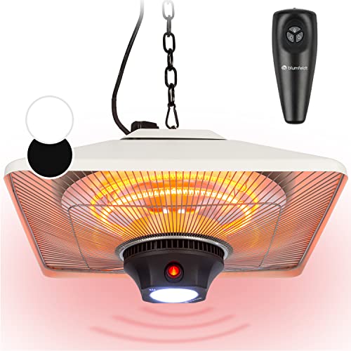 Blumfeldt Heizstrahler für die Terrasse, Infrarot Heizstrahler Elektrisch, IP24 Infrarot-Heizstrahler für den Wintergarten & Aussenbereich, 2 Temperatur Terrassenheizstrahler mit Fernbedienung & LED