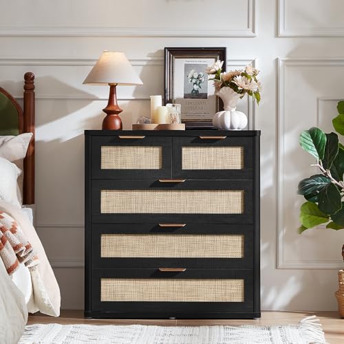 Image of LEYAOYAO Rattan Dresser for Bedroom Set of 2, 33.5 inch Tall Chest of Drawers, Modern 5 Drawers Boho Dressers with Storage, Light Oak Dresser Wooden Closet Organizer for Living Room, Hallway, Black