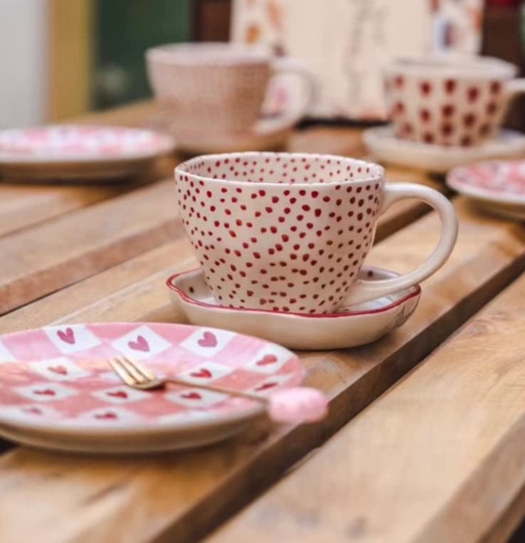 Image of WEAVING HOMES Handcrafted Red Polka Mug & Red Polka Handmade Dessert Plate (Set of 2)