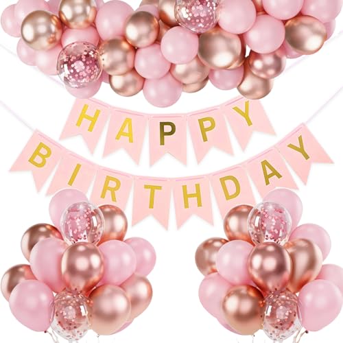Image of Rose Gold Birthday Balloon Arch Garland Kit, 100Pcs Rose Gold Confetti Balloons, Pre-Strung Happy Birthday Banner, Elegant Party Decor for Women, Girls, Baby, Kids, Adults