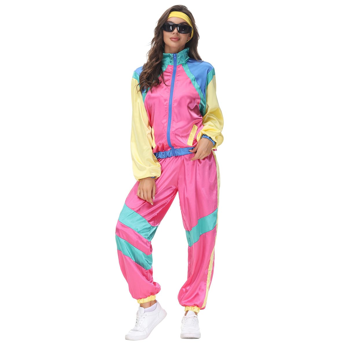 OBEEII Chándal de los años 80 para hombres y mujeres, chaqueta y pantalones, traje con diadema, traje de los años 80 para Halloween, fiesta vintage, carnaval