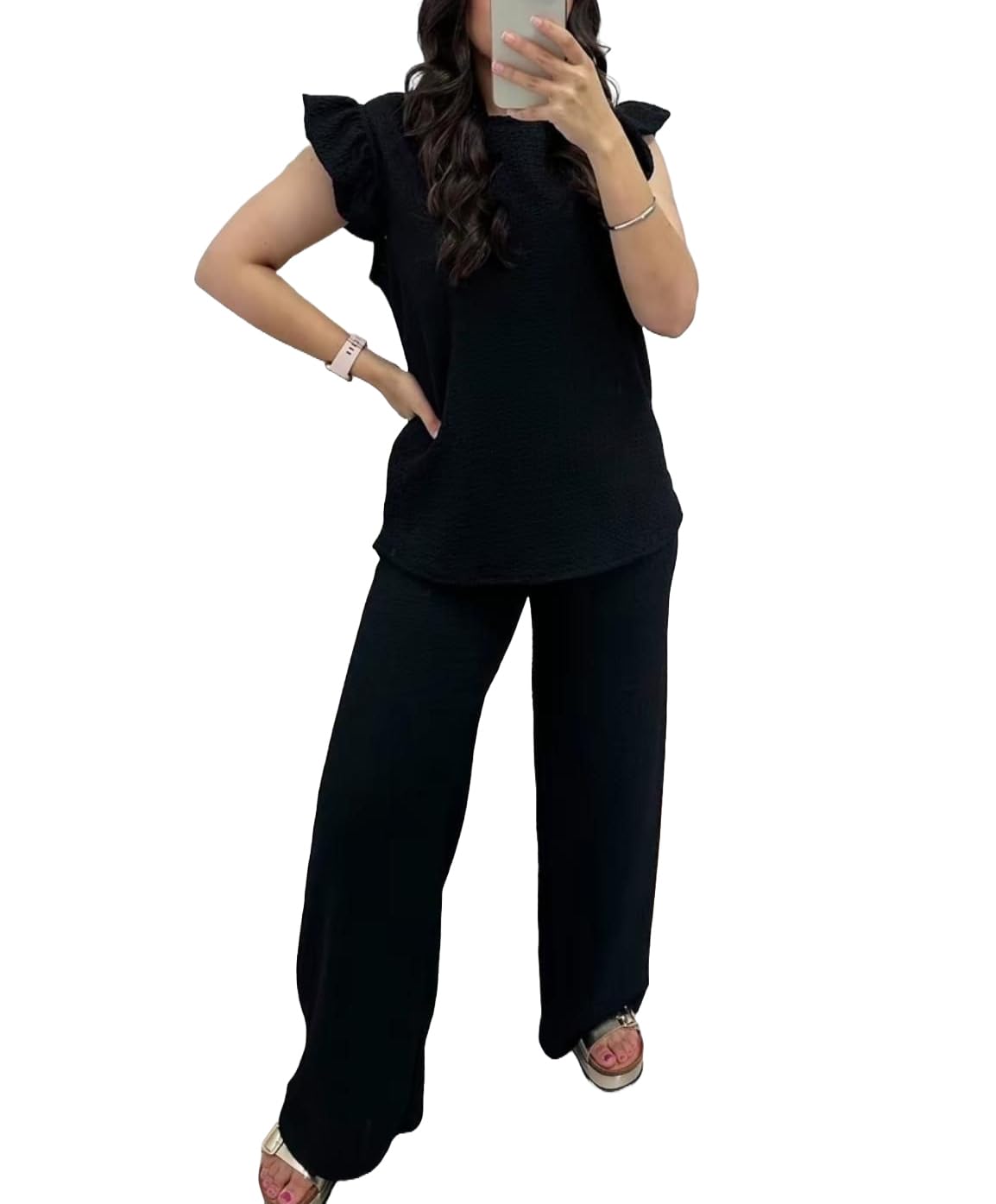 FAIRY BOUTIQUE Womens Pop Corn Tops and Trousers Set Ladies Co ord 2Pcs Loungewear Tracksuit Flared Trousers Bottom and Frill Sleeve Top Set (Black UK 20-22)