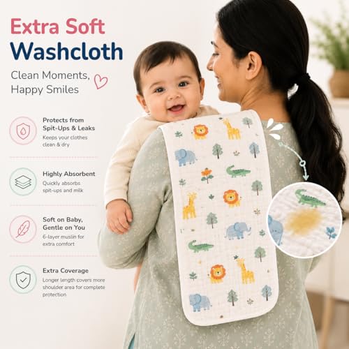 Image of Muslin 6 Layer 100% Organic Bamboo Cotton Face Towels for Newborn Baby Extra Soft Hankies Reusable Napkins for Infants Toddlers /Kids Random Print (50x25 CM Pack of 03)