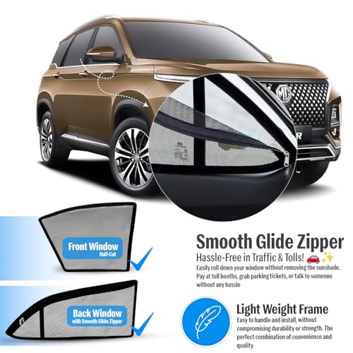 Image of Autofact Magnetic Car Sunshades Compatible with MG Hector (Set of 4) - Easy Installation, UV Protection, Keeps Car Cool (Front 2 Half-Cut for Side Mirror Visibility, Rear 2 with Zippers)
