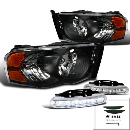 SPEC-D TUNING Diamond Black Headlights+LED Bumper DRL Fog Lamps Made For 2002-2005 RAM Ram 1500 2500 3500