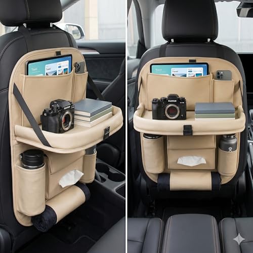 Image of PU Leather Auto Car Back-Seat Organizer with Tray, Multi-pocket Storage, Tablet Holder, Bottle and Tissue Paper Holder, Mobile Holder and Tray for food (Beige)