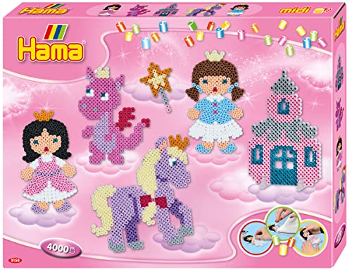 Hama Perlen 3158 Großes Geschenk-Set Fantasy Fun mit ca. 4.000 bunten Midi Bügelperlen mit Durchmesser 5 mm, 2 Stiftplatten, inkl. Bügelpapier, kreativer Bastelspaß für Mädchen