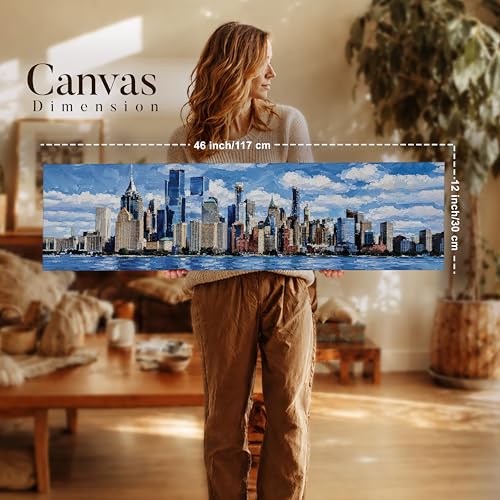 Image of New York City Skyline Stretched Canvas Wall Art Painting for Living Room, Horizontal Cityscape Canvas Wall Decor For Livingroom, Bedroom, Office, Hallway's, Hotel 12x46 Inch