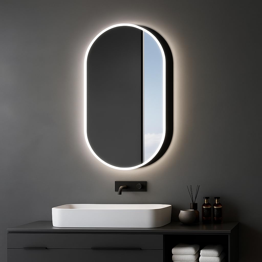 Armoire de Toilette Lumineuse Talos Oval 45x80 cm Noir avec Miroir