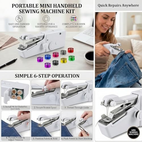 Image of Handheld Sewing Machine, Portable Hand Held Sewing Machine for Adults & Beginners, Cordless Mini Electric Hemming Tool for Denim, Fabric & Quick Home & Travel Repairs (white)