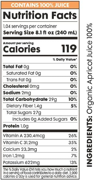 Image of Pomona Organic Apricot Juice, Cold Pressed USDA Organic Juices, 100% Apricots, No Added Sugar, Not From Concentrate, Vegan, Kosher, Non GMO, Pasteurized, 8.4 oz Glass Bottles (Pack of 12)(Packaging May Vary)