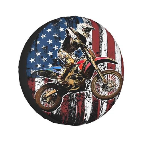 Image of Dirt Bike Racing Motocross Race American Flag Spare Tire Cover Weatherproof Wheel Protectors Dust-Proof Sun Protection Wheel Tire Covers Universal Fit for Truck SUV RV Camper Trailer 14 inch