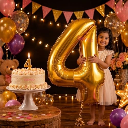 Image of Balloonistics Gold 40-Inch Foil Number 4 Balloon with Matching Number Candle - Combo Set for 4th Birthday, Anniversary, Party Decoration, Photo Booth Backdrop, Cake Table Decor